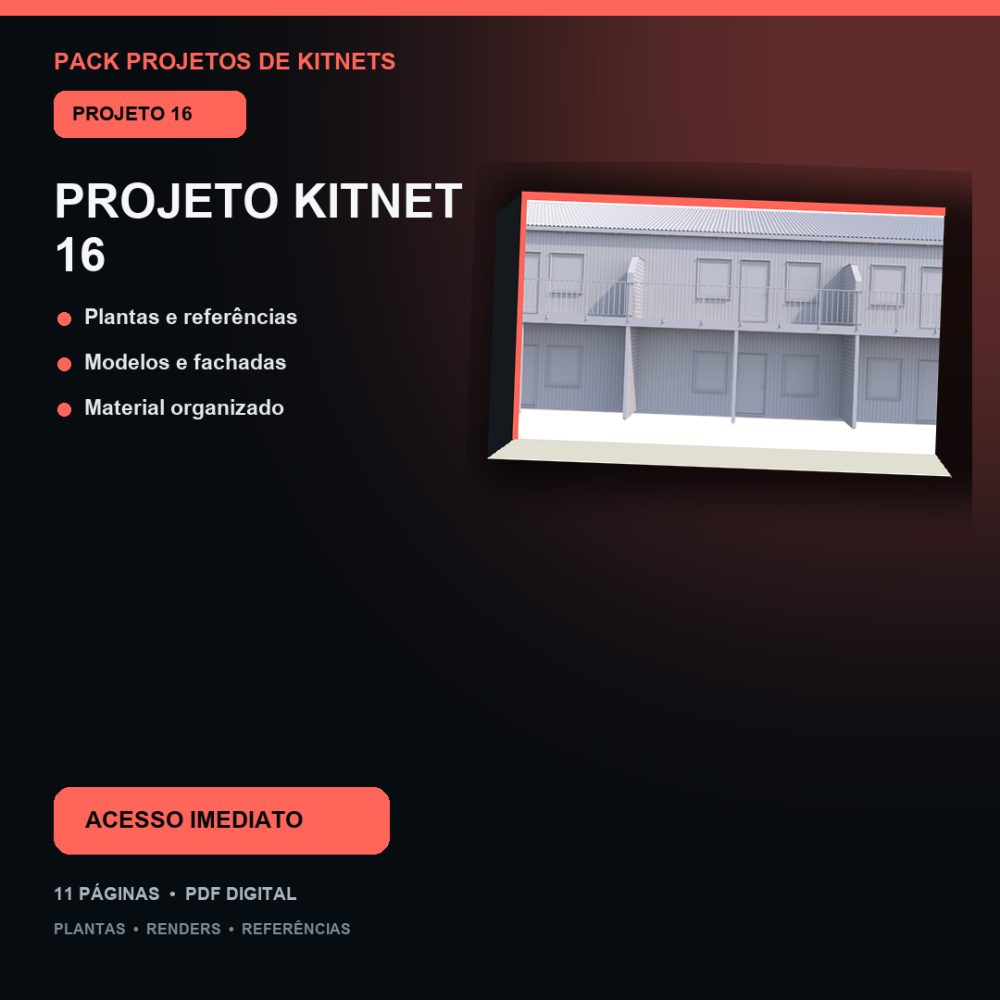 Capa de Produto 16 – Kitnet Modelo 16 – Plantas e Fachadas – Projeto Digital