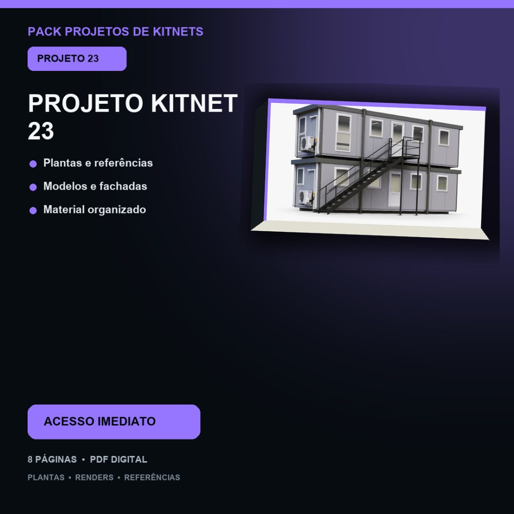Capa de Produto 23 – Kitnet Modelo 23 – Plantas e Fachadas – Projeto Digital