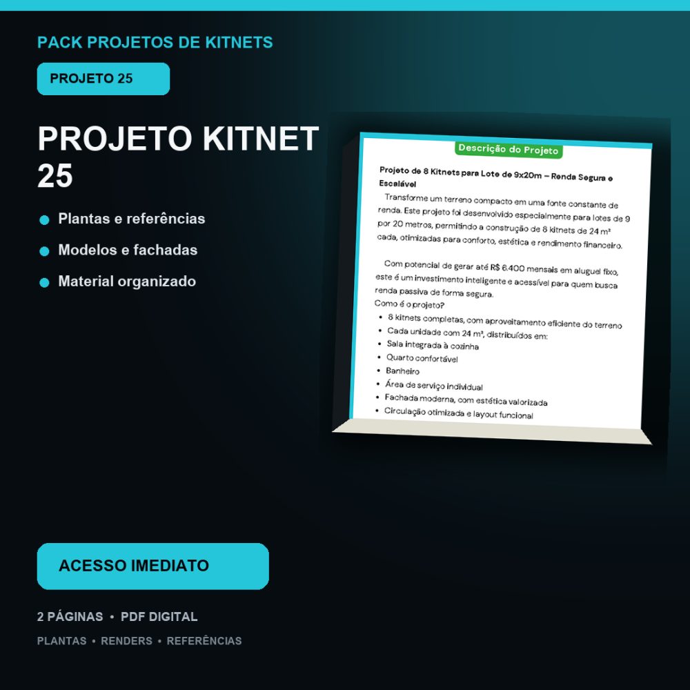 Capa de Produto 25 – Kitnet Modelo 25 – Plantas e Vídeos – Projeto Digital