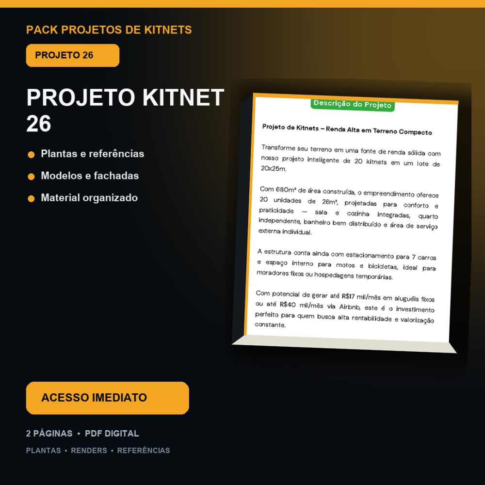 Capa de Produto 26 – Kitnet Modelo 26 – Plantas e Vídeos – Projeto Digital