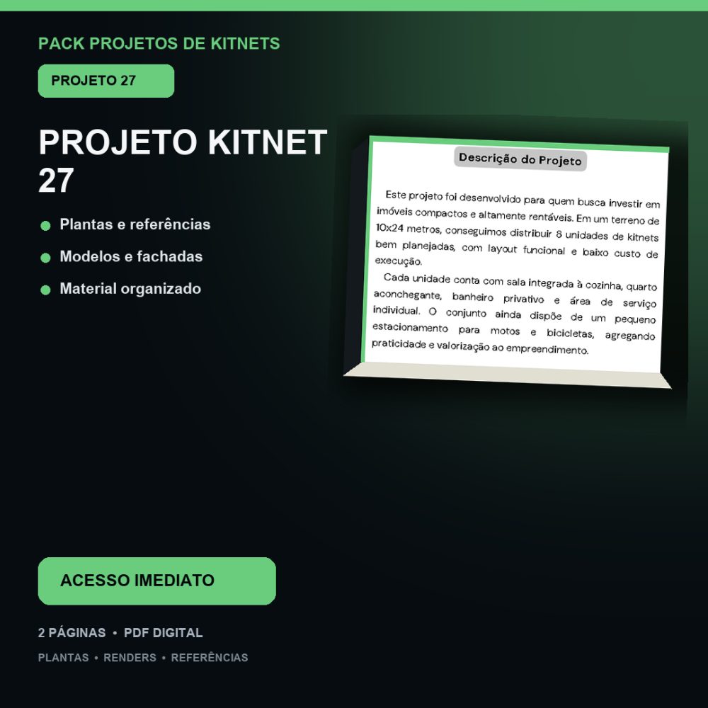 Capa de Produto 27 – Kitnet Modelo 27 – Plantas e Vídeos – Projeto Digital