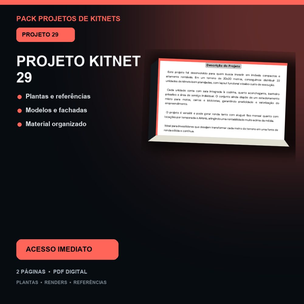 Capa de Produto 28 – Kitnet Modelo 29 – Plantas e Vídeos – Projeto Digital