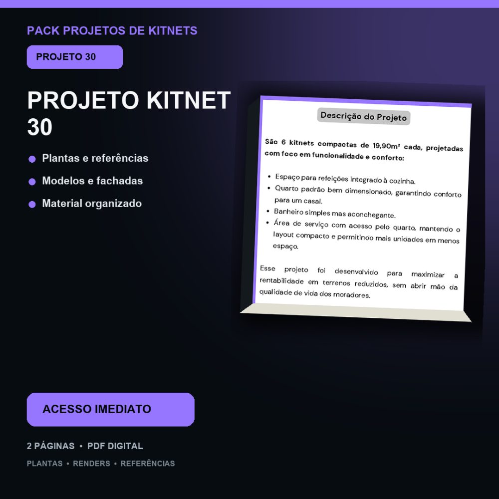 Capa de Produto 29 – Kitnet Modelo 30 – Plantas e Vídeos – Projeto Digital
