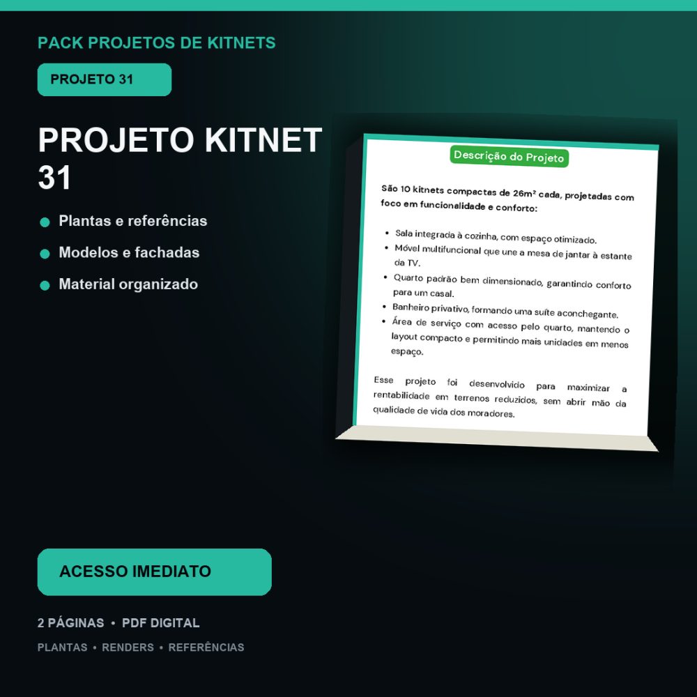 Capa de Produto 30 – Kitnet Modelo 31 – Plantas e Vídeos – Projeto Digital