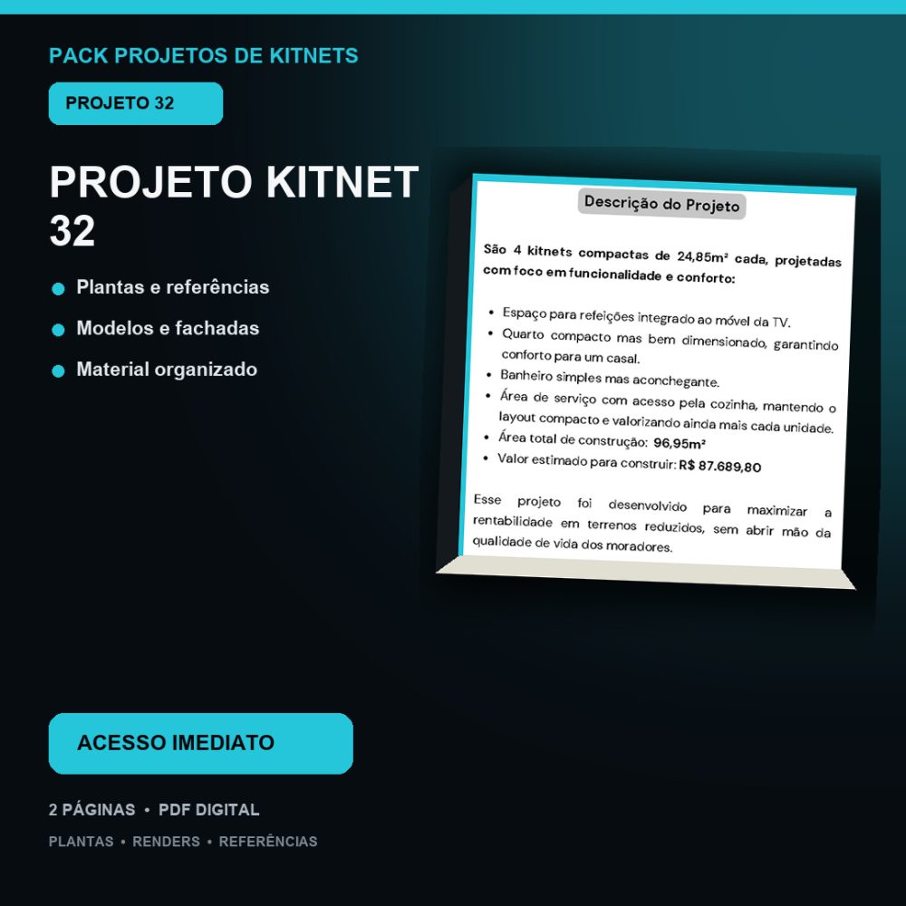 Capa de Produto 31 – Kitnet Modelo 32 – Plantas e Vídeos – Projeto Digital