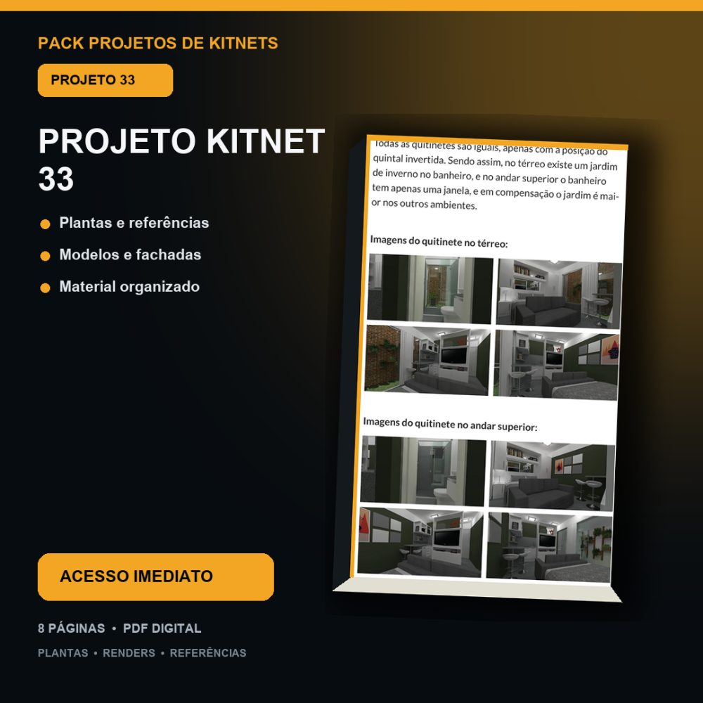 Capa de Produto 32 – Kitnet Modelo 33 – Plantas e Vídeos – Projeto Digital
