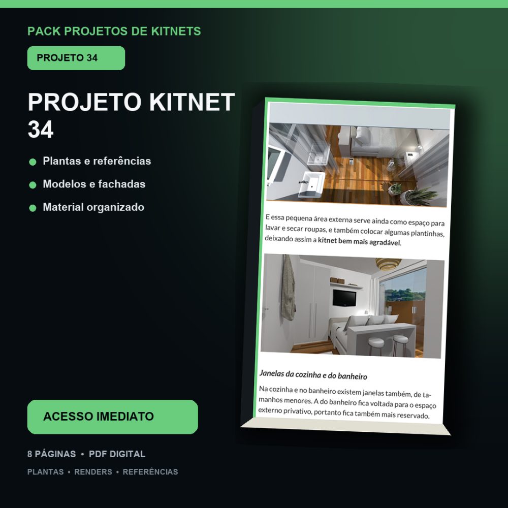 Capa de Produto 33 – Kitnet Modelo 34 – Plantas e Vídeos – Projeto Digital