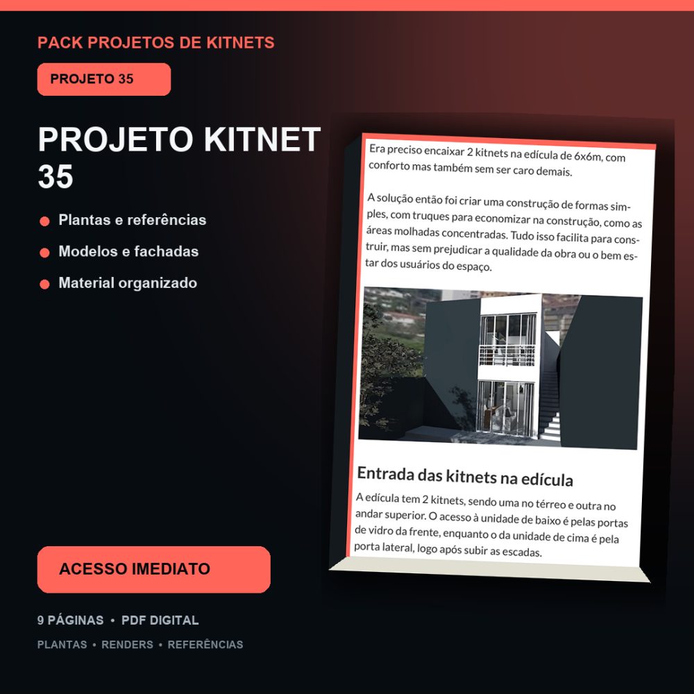 Capa de Produto 34 – Kitnet Modelo 35 – Plantas e Vídeos – Projeto Digital