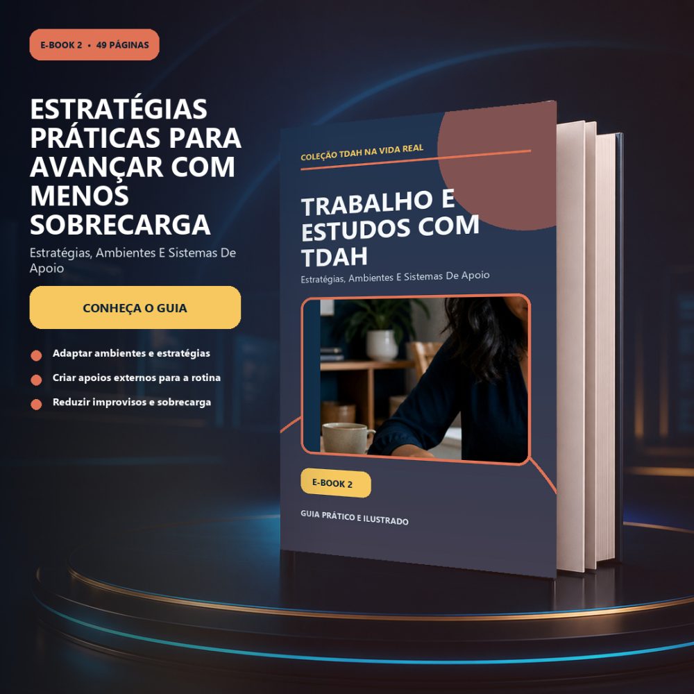 Capa de TRABALHO E ESTUDOS COM TDAH — ESTRATÉGIAS, AMBIENTES E SISTEMAS DE APOIO