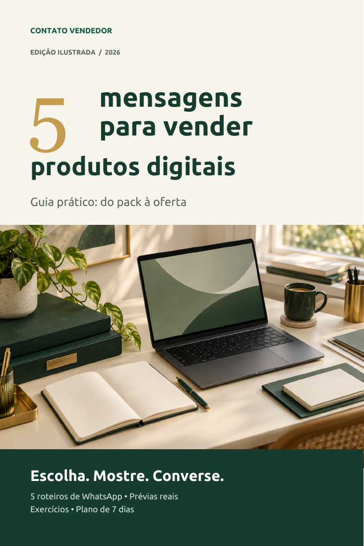 Capa do guia ilustrado 5 mensagens para vender produtos digitais, do Contato Vendedor